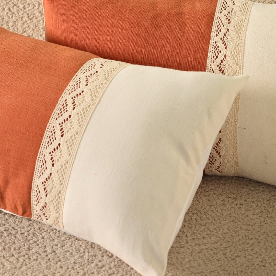 Rectangular Pure Cotton Crochet Cushion Cover in Rust and Off White | Set of 1 and 2