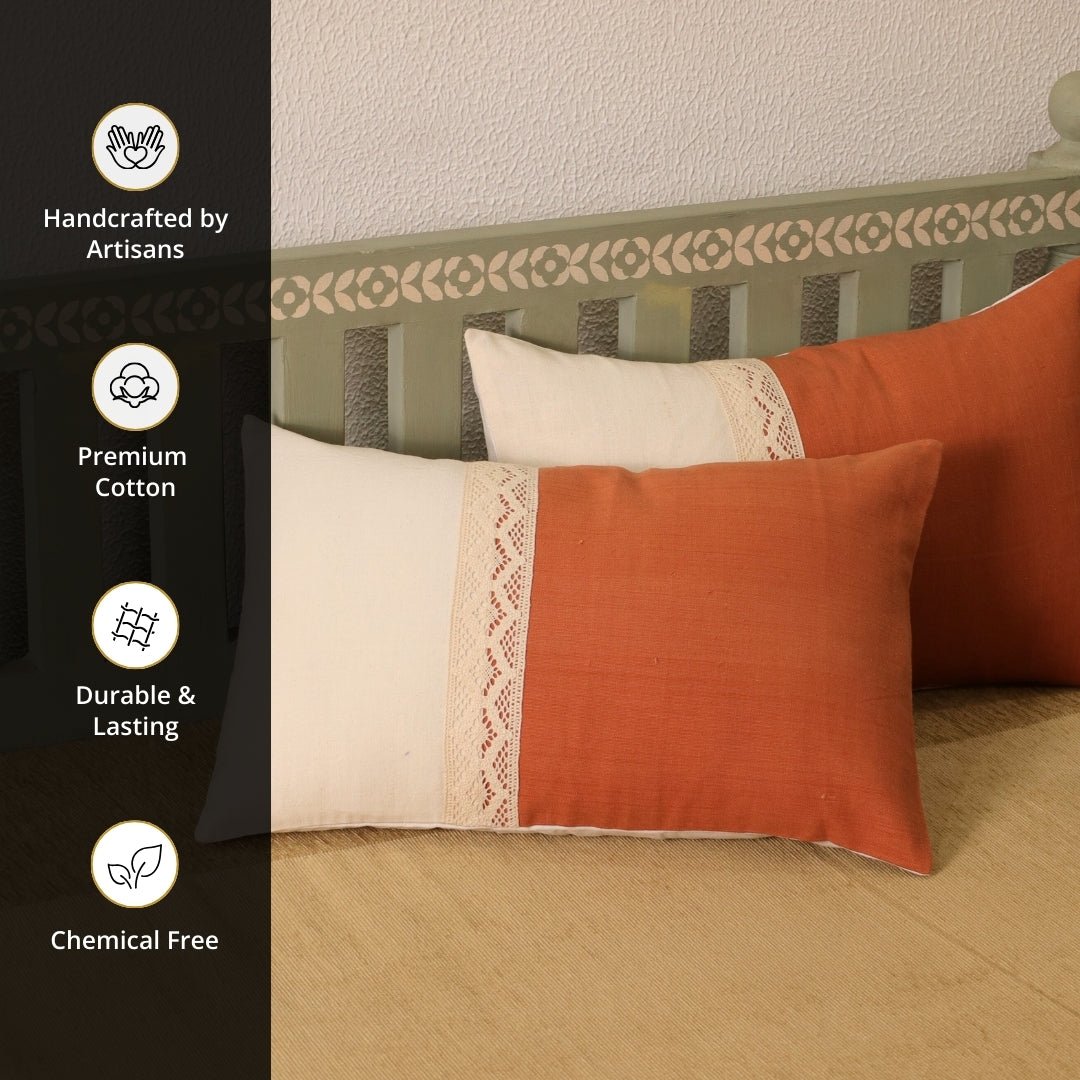 Rectangular Pure Cotton Crochet Cushion Cover in Rust and Off White | Set of 1 and 2