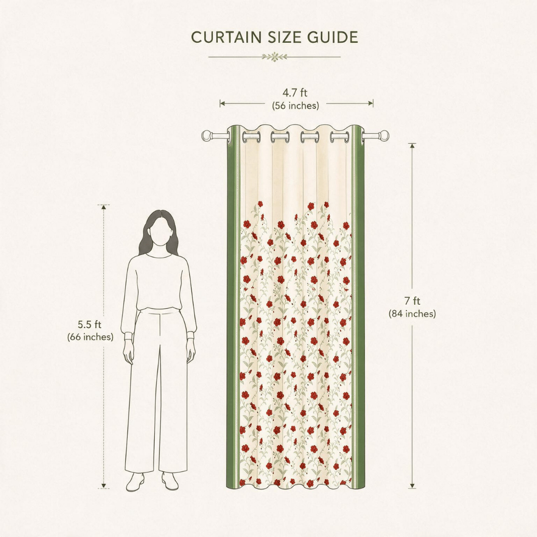 Red and White Hibiscus Floral Curtains in 7 Feet |  60 - 65% Room Darkening | Cotton Blend | Machine Washable |