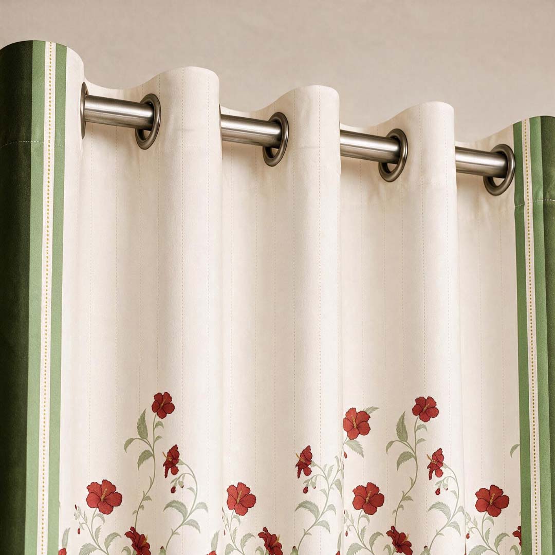 Red and White Hibiscus Floral Curtains in 7 Feet |  60 - 65% Room Darkening | Cotton Blend | Machine Washable |