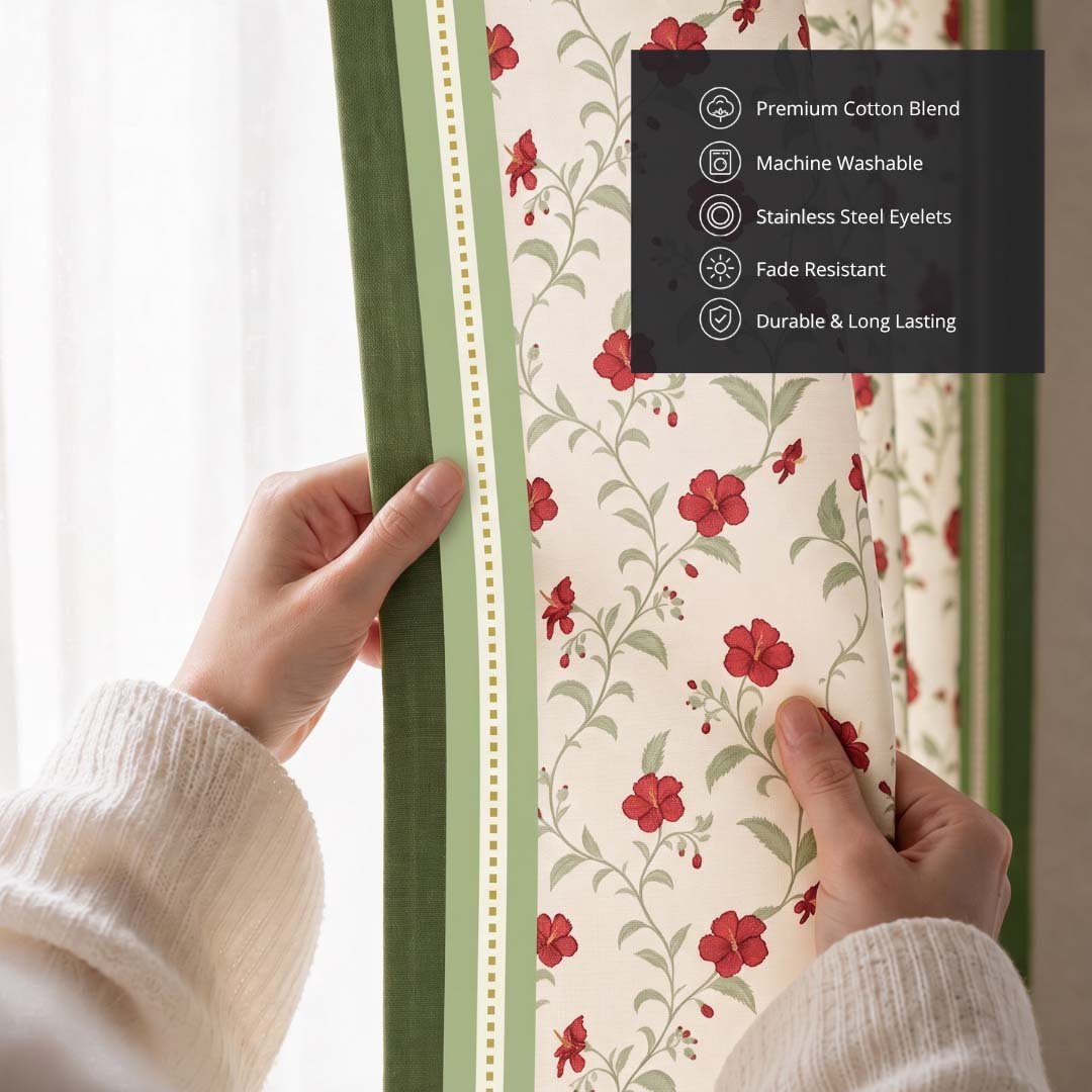 Red and White Hibiscus Floral Curtains in 7 Feet |  60 - 65% Room Darkening | Cotton Blend | Machine Washable |