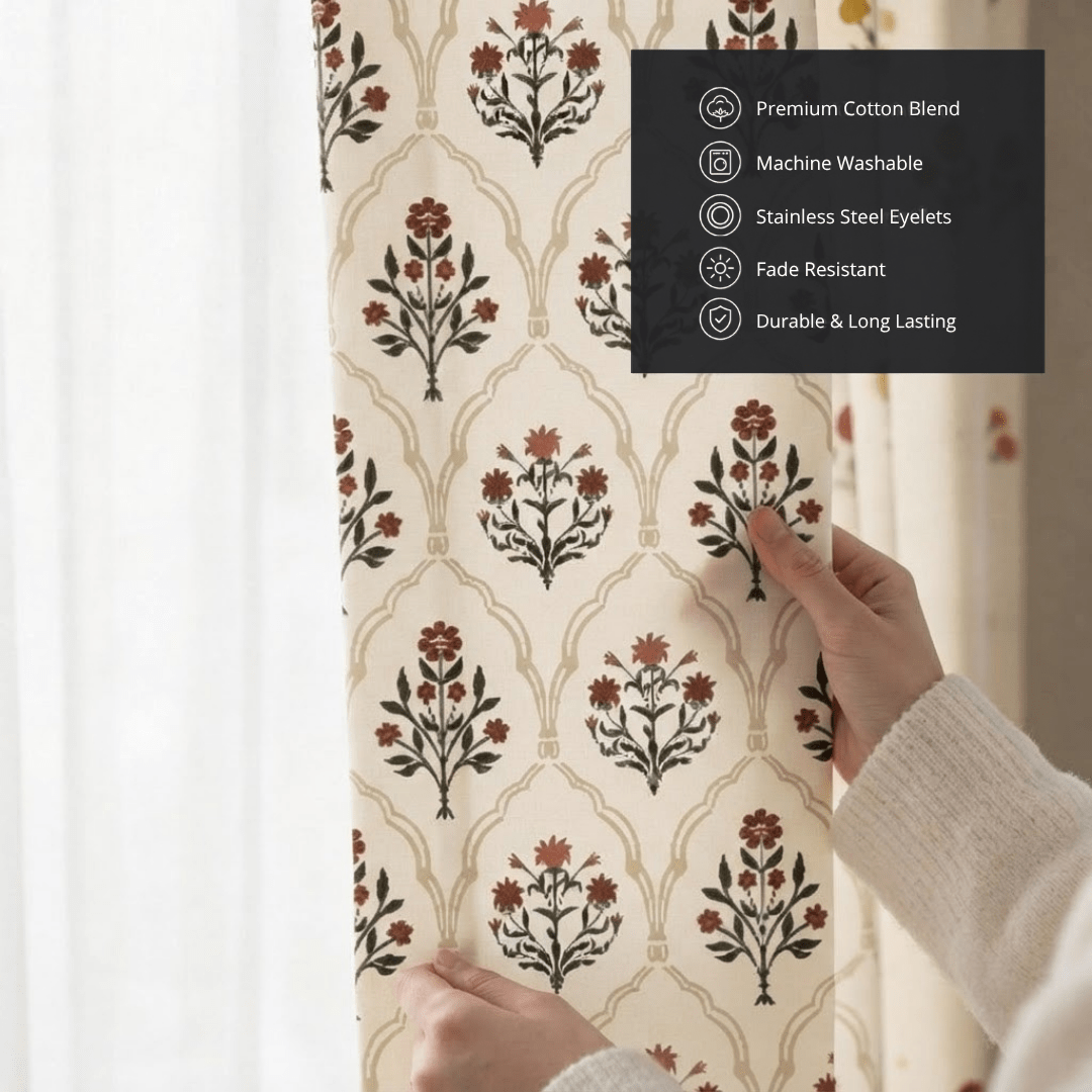 Rust and Maroon Ornate Mughal Floral Curtains in 7 Feet | 60 - 65% Room Darkening | Cotton Blend | Machine Washable