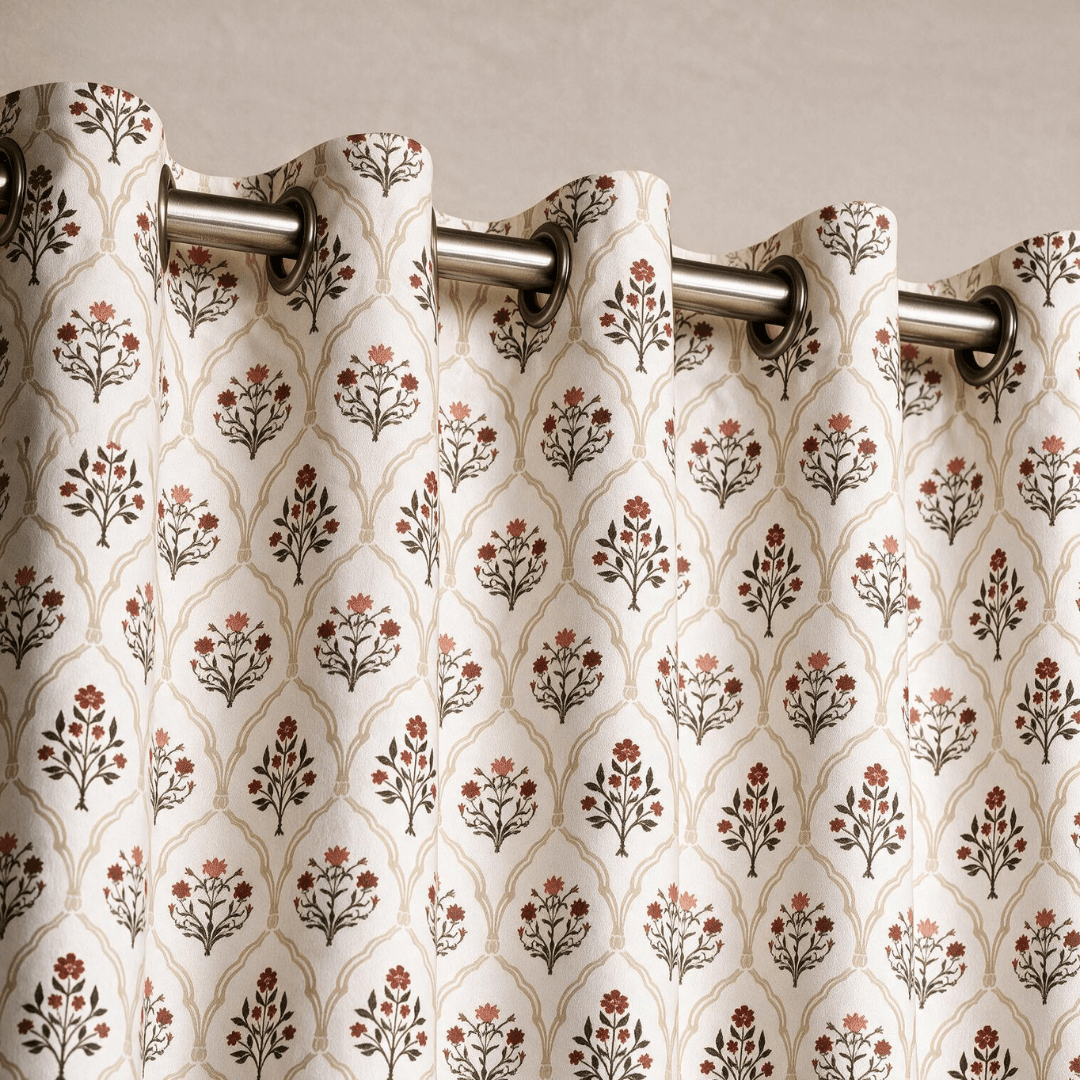 Rust and Maroon Ornate Mughal Floral Curtains in 7 Feet | 60 - 65% Room Darkening | Cotton Blend | Machine Washable