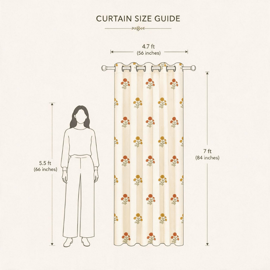 Rust and Yellow Marigold Floral Curtains in 7 Feet | 60 - 65% Room Darkening |  Cotton Blend | Machine Washable