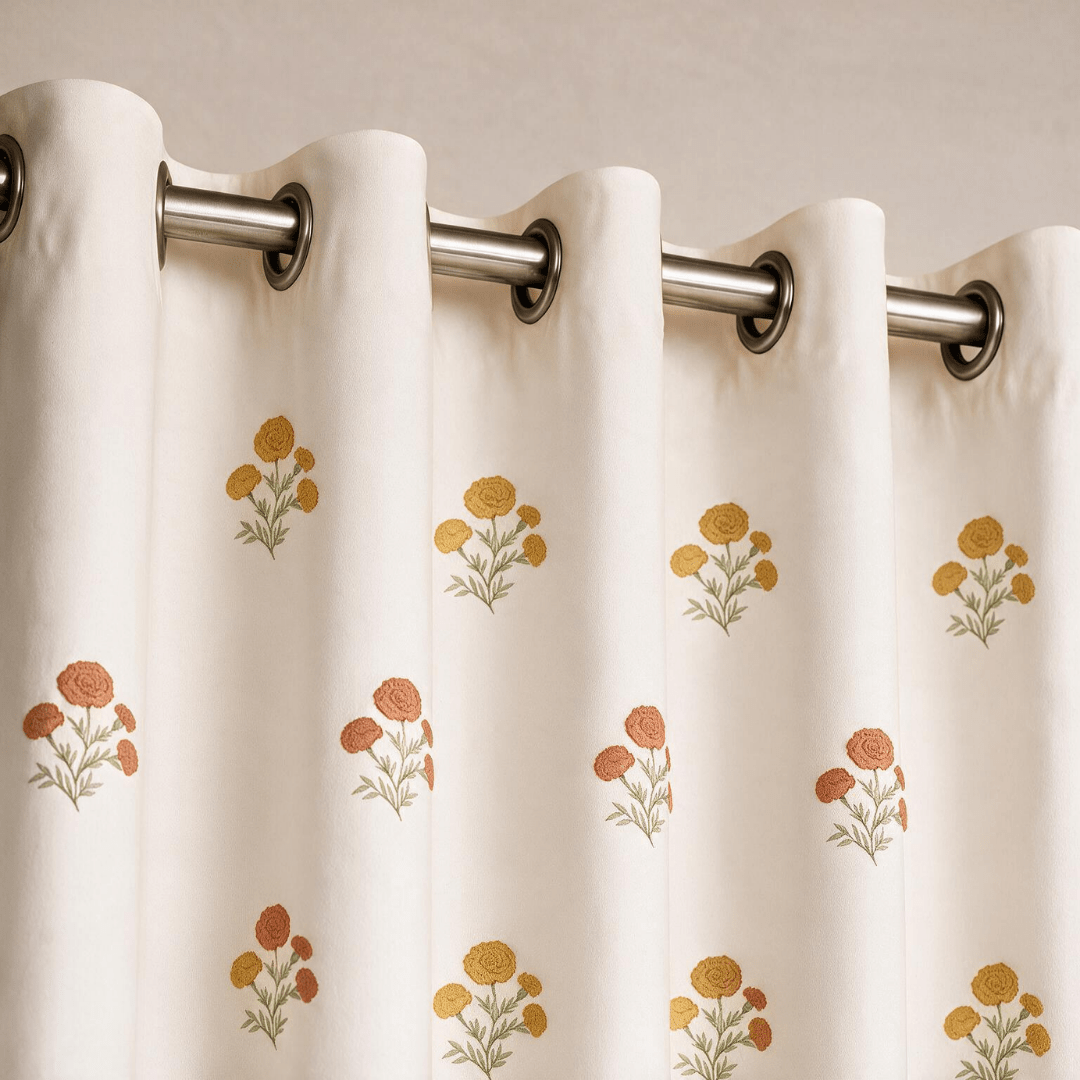 Rust and Yellow Marigold Floral Curtains in 7 Feet | 60 - 65% Room Darkening |  Cotton Blend | Machine Washable