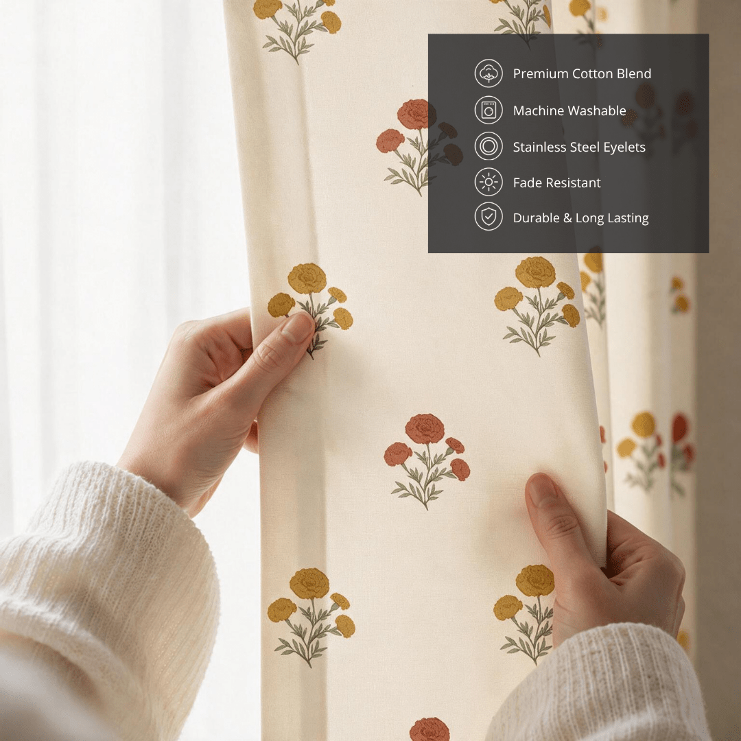 Rust and Yellow Marigold Floral Curtains in 7 Feet | 60 - 65% Room Darkening |  Cotton Blend | Machine Washable