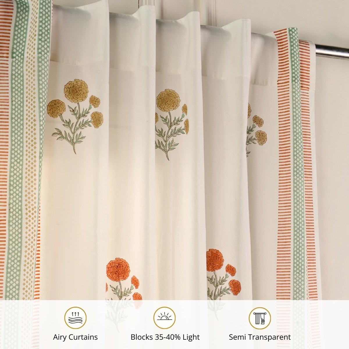 Pure Cotton Sheer Curtains in floral patterns in Rust Mustard and teal colours, available in 5ft and 7ft