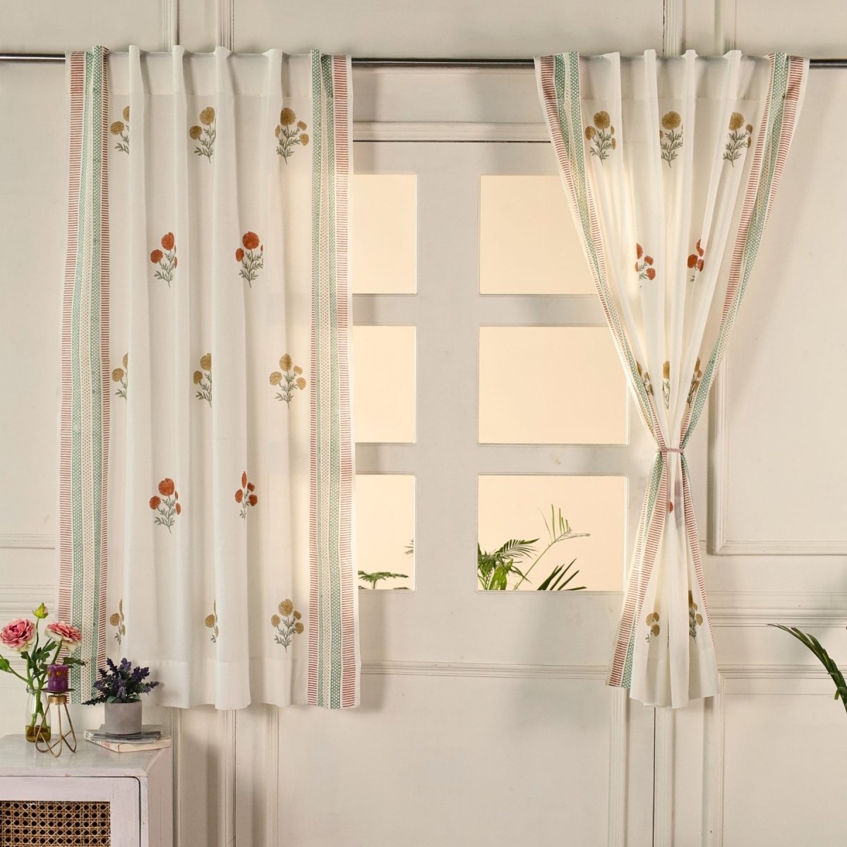Pure Cotton Sheer Curtains in floral patterns in Rust Mustard and teal colours, available in 5ft and 7ft