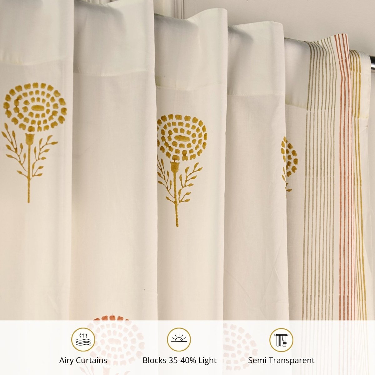 Pure Cotton Sheer Curtains in floral patterns in Rust Mustard and Taupe, available in 5ft and 7ft