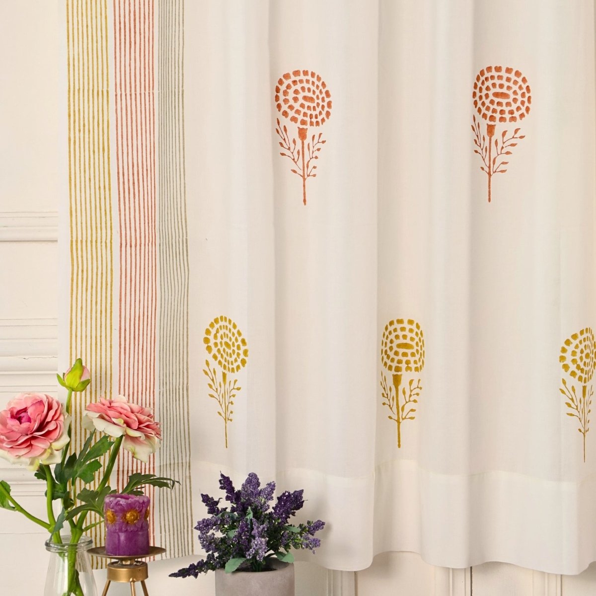 Pure Cotton Sheer Curtains in floral patterns in Rust Mustard and Taupe, available in 5ft and 7ft