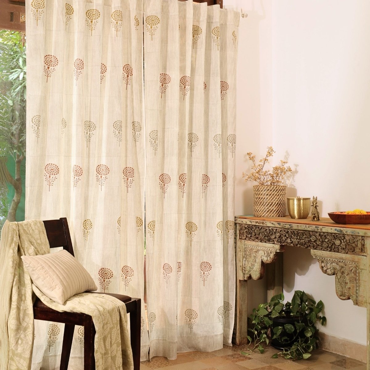 Pure Cotton Sheer and solid Curtains set in Sage, Rust, Mustard and Teal Colours, available in 5ft and 7ft