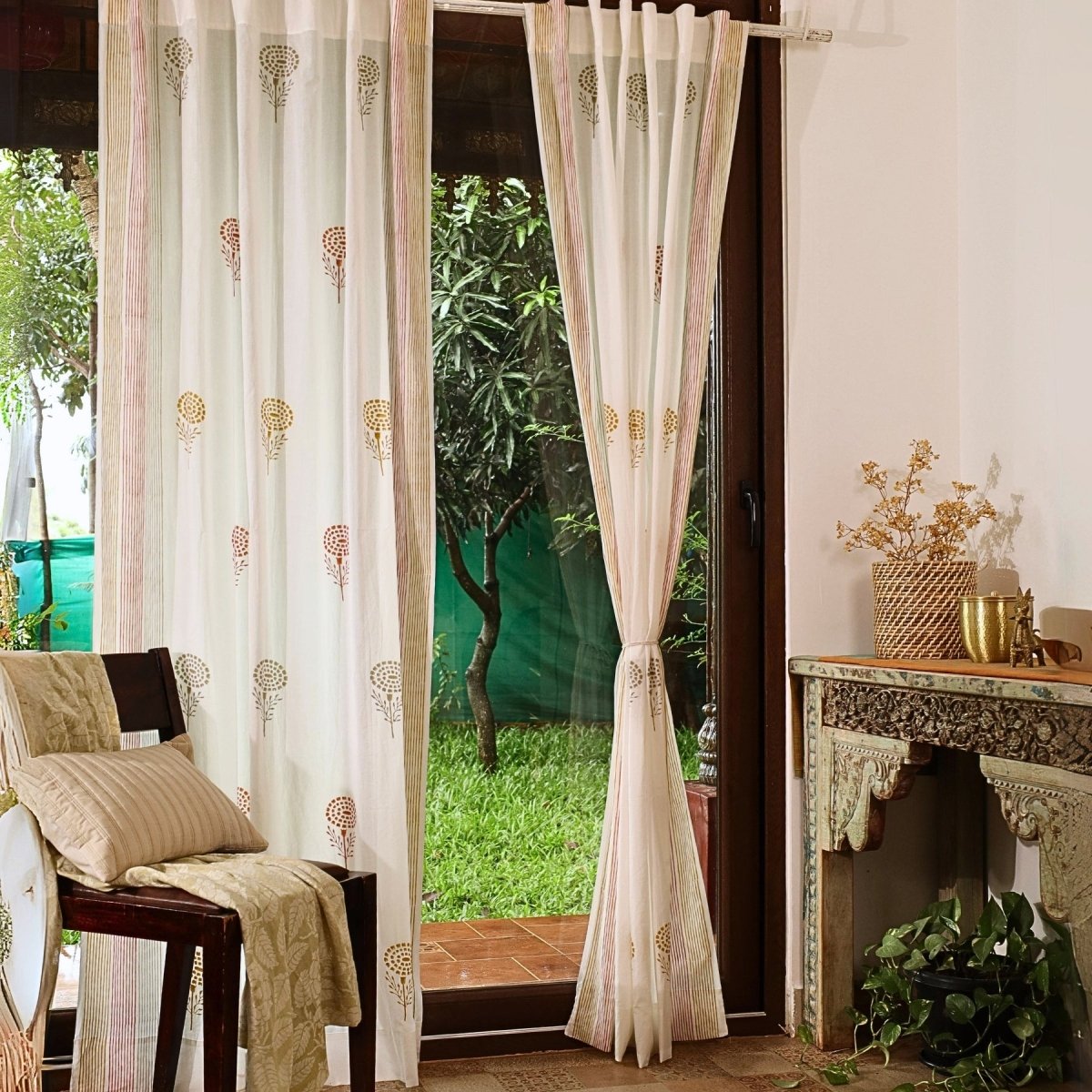 Pure Cotton Sheer Curtains in floral patterns in Rust Mustard and Taupe, available in 5ft and 7ft