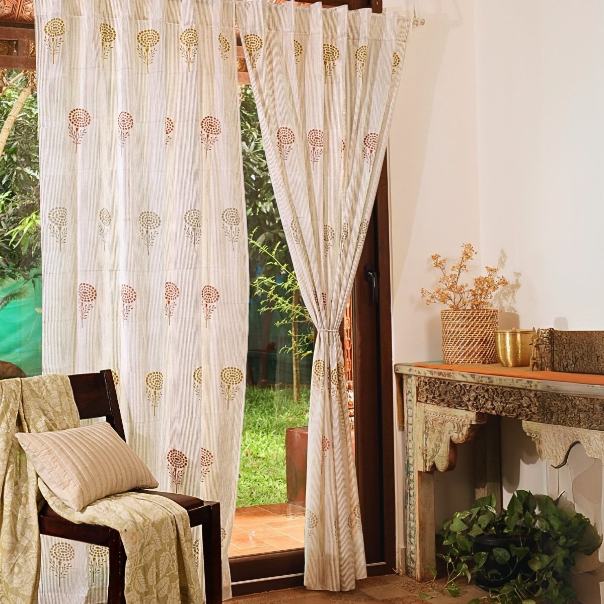 Sheer Cotton Curtain for Window and Door Hand printed in Rust  Mustard and Taupe colour| 5 or 7 Feet|Elegant and Light Filtering Curtain for Living Room or bed room or French Doors