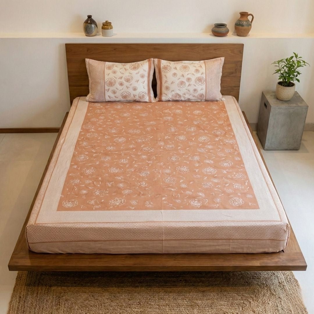 Cotton Bed sheet with Pillow Cover in Rust & Off White