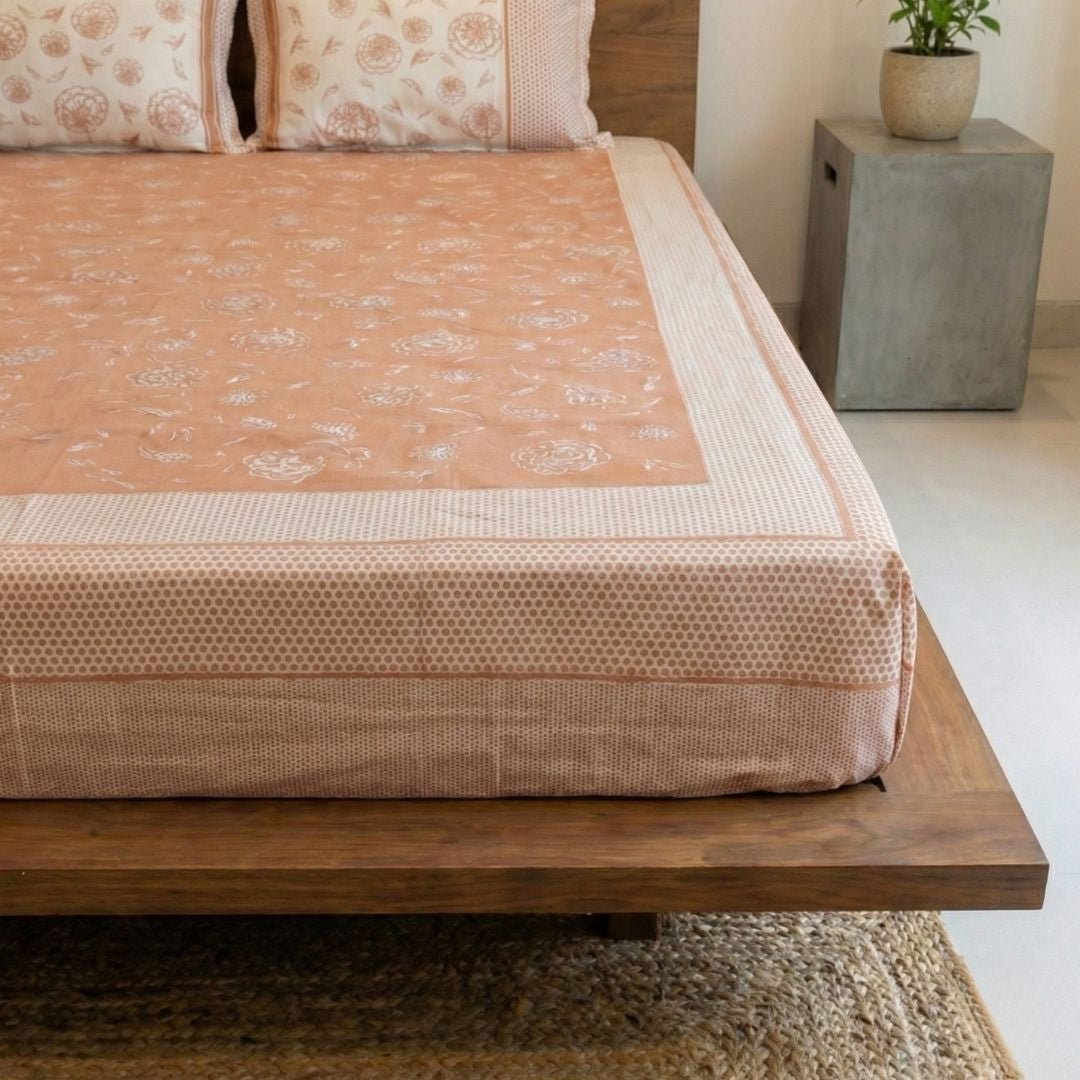 Cotton Bed sheet with Pillow Cover in Rust & Off White