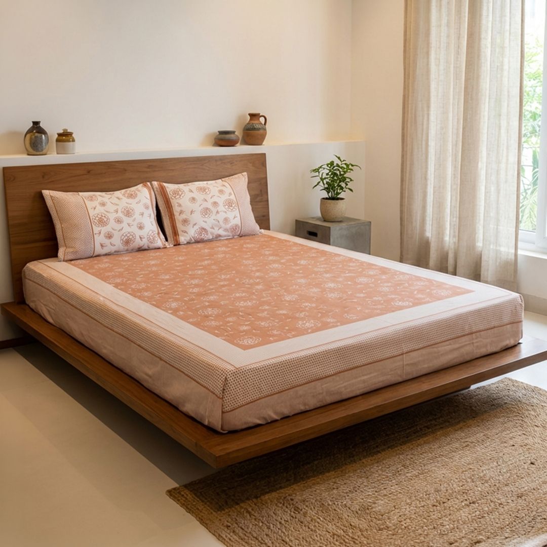 Cotton Bed sheet with Pillow Cover in Rust & Off White