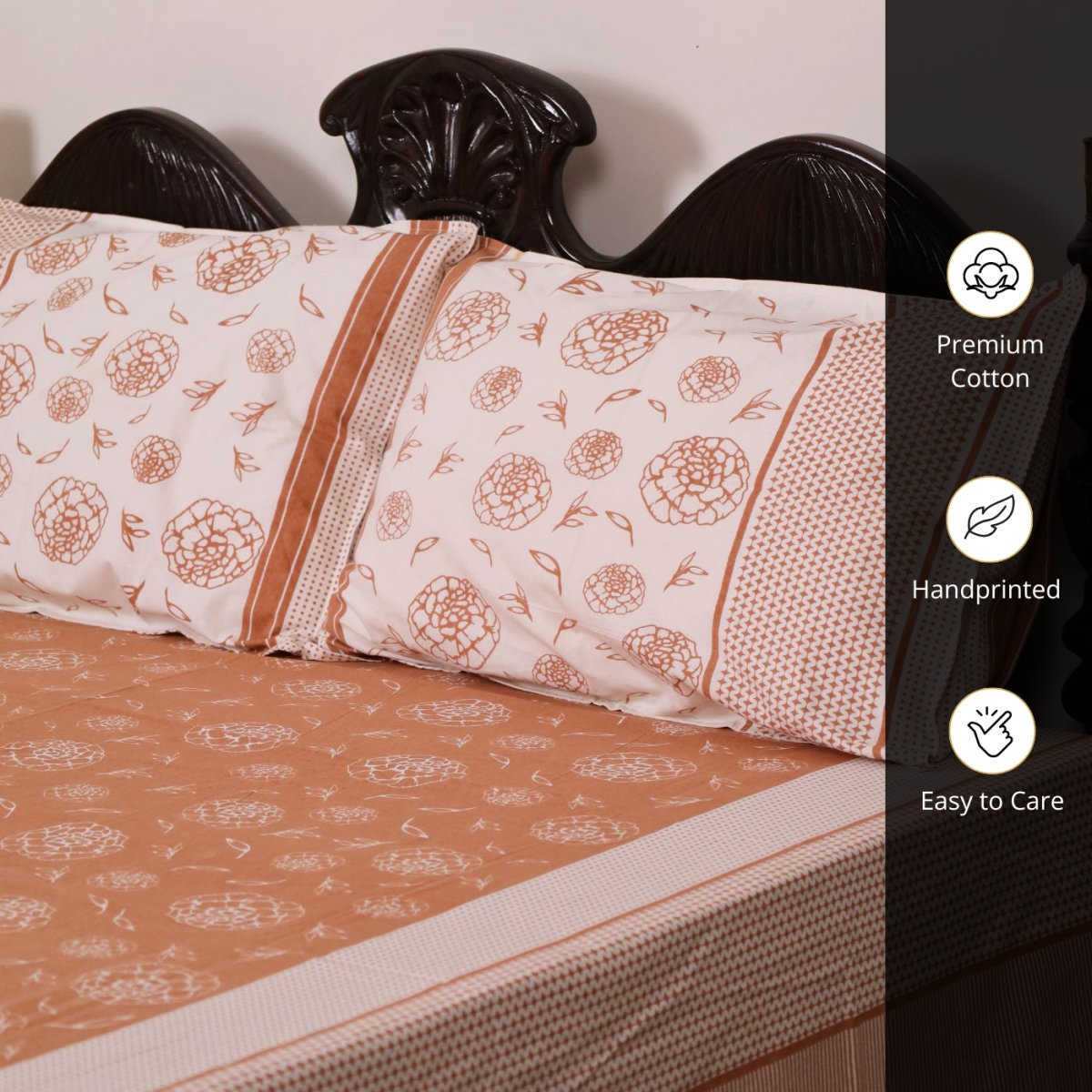 Cotton Bed sheet with Pillow Cover in Rust & Off White