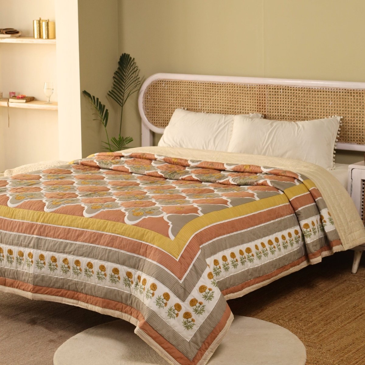 AC Comforter in 100% Cotton Mulmul Handprinted in Rust and Taupe with Marigold Flowers| Lightweight Soft and Breathable AC Blanket