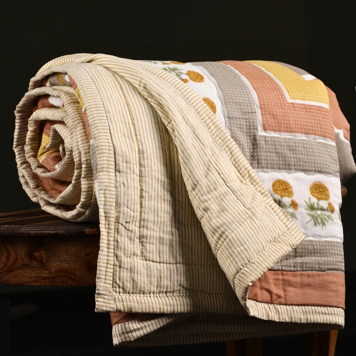 AC Comforter in 100% Cotton Mulmul Handprinted in Rust and Taupe with Marigold Flowers| Lightweight Soft and Breathable AC Blanket