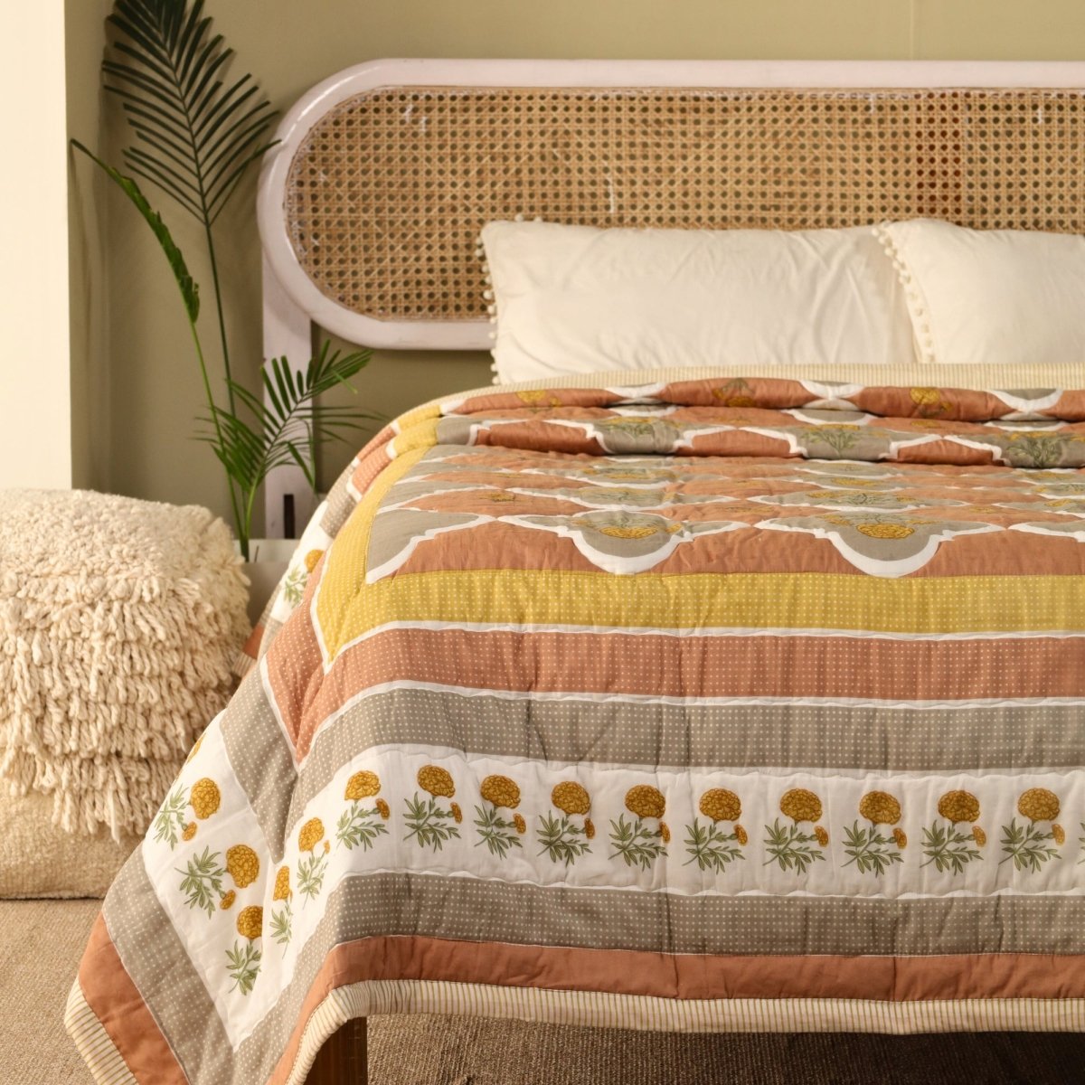 AC Comforter in 100% Cotton Mulmul Handprinted in Rust and Taupe with Marigold Flowers| Lightweight Soft and Breathable AC Blanket
