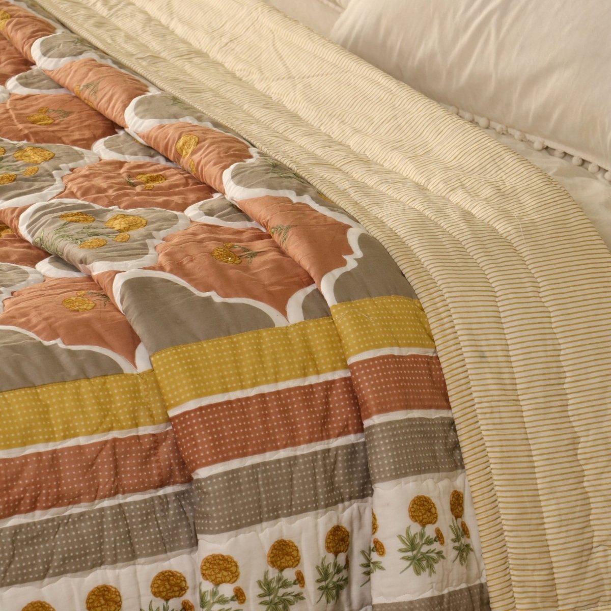 AC Comforter in 100% Cotton Mulmul Handprinted in Rust and Taupe with Marigold Flowers| Lightweight Soft and Breathable AC Blanket
