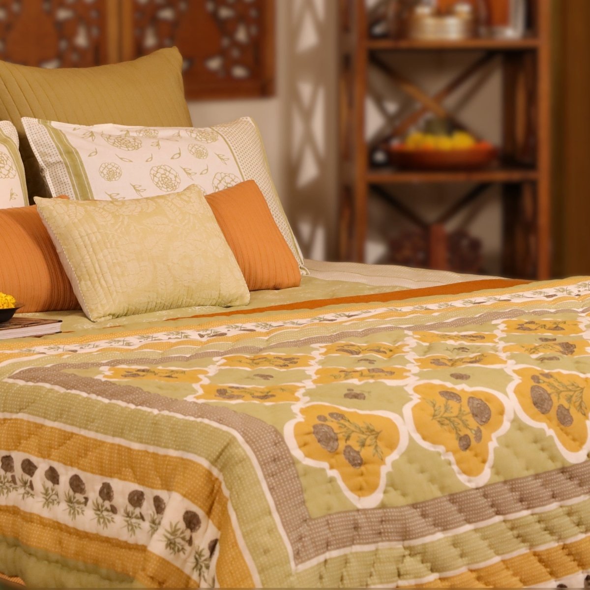 AC Comforter in 100% Cotton Mulmul Handprinted in Sage Green and Mustard| Lightweight Soft and Breathable AC Blanket