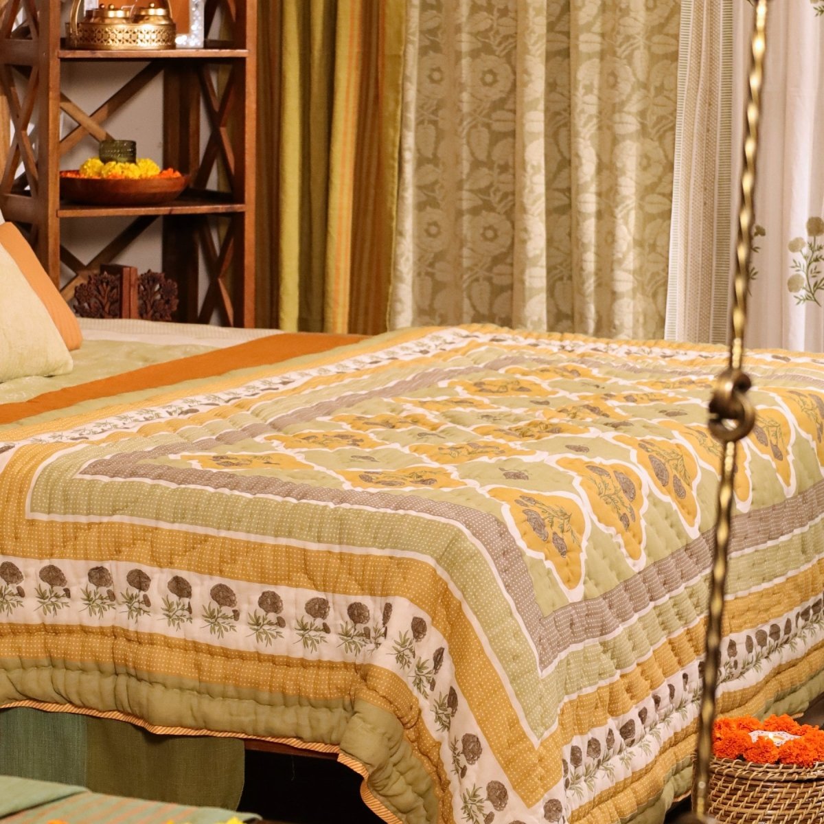AC Comforter in 100% Cotton Mulmul Handprinted in Sage Green and Mustard| Lightweight Soft and Breathable AC Blanket