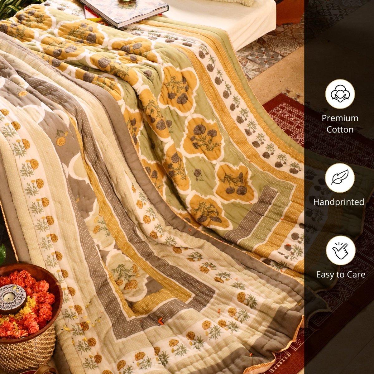 AC Comforter in 100% Cotton Mulmul Handprinted in Sage Green and Mustard| Lightweight Soft and Breathable AC Blanket