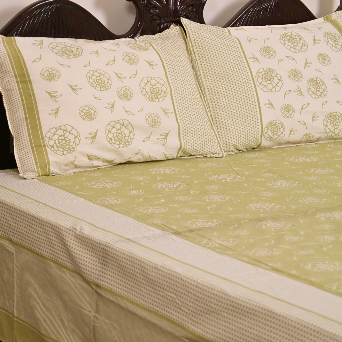 Sage Green & Off White Pure Cotton Bedsheet | Queen and King Size | Handprinted