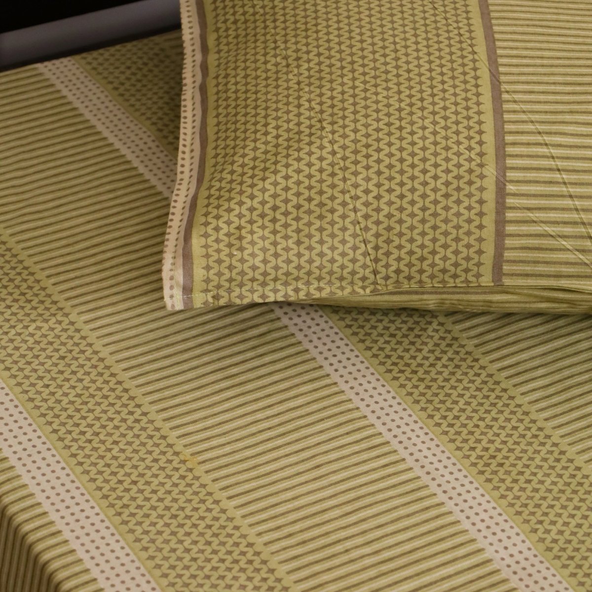 Cotton Bedsheet and Pillow Cover in Textured Sage Green and White