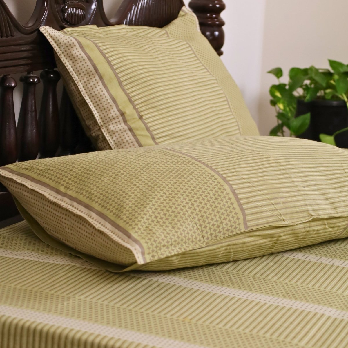Cotton Bedsheet and Pillow Cover in Textured Sage Green and White