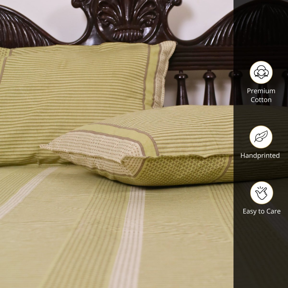 Cotton Bedsheet and Pillow Cover in Textured Sage Green and White