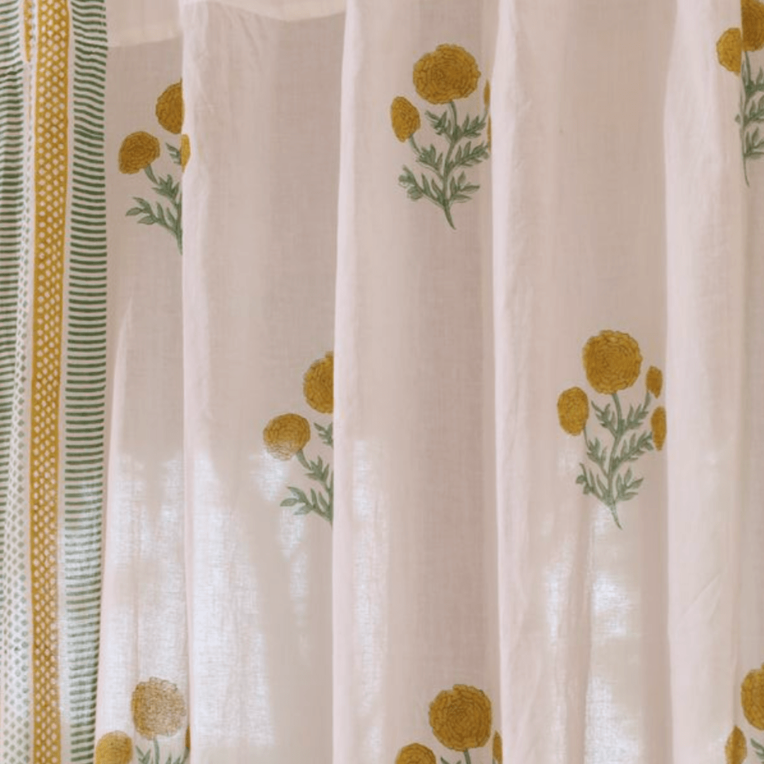 Pure Cotton Sheer Curtains in floral patterns in mustard and teal colours, available in 5ft and 7ft