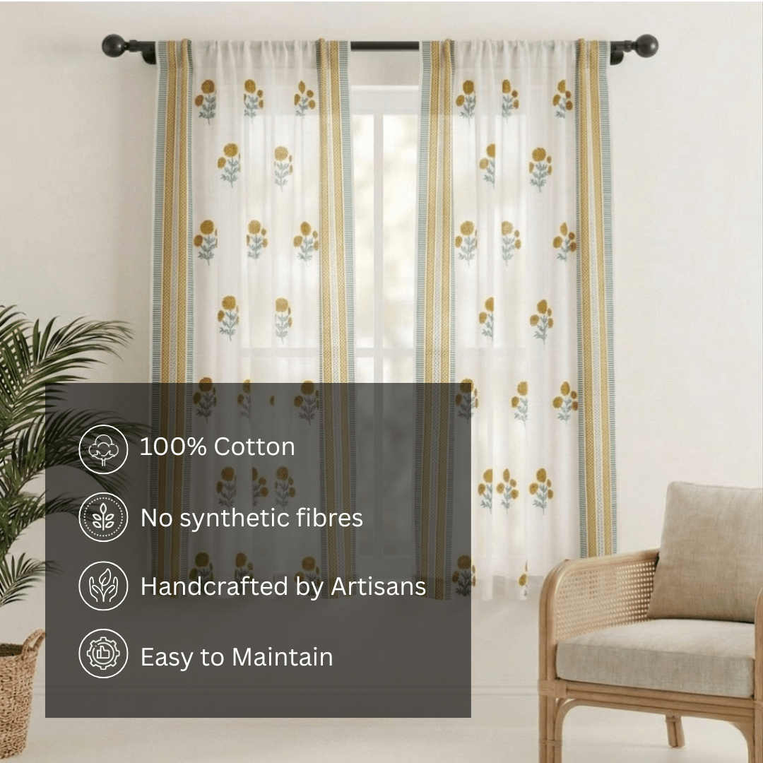 Pure Cotton Sheer Curtains in floral patterns in mustard and teal colours, available in 5ft and 7ft