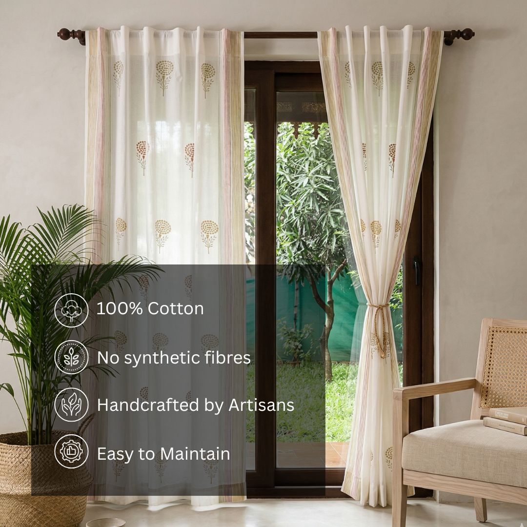 Pure Cotton Sheer Curtains in floral patterns in Rust Mustard and Taupe, available in 5ft and 7ft