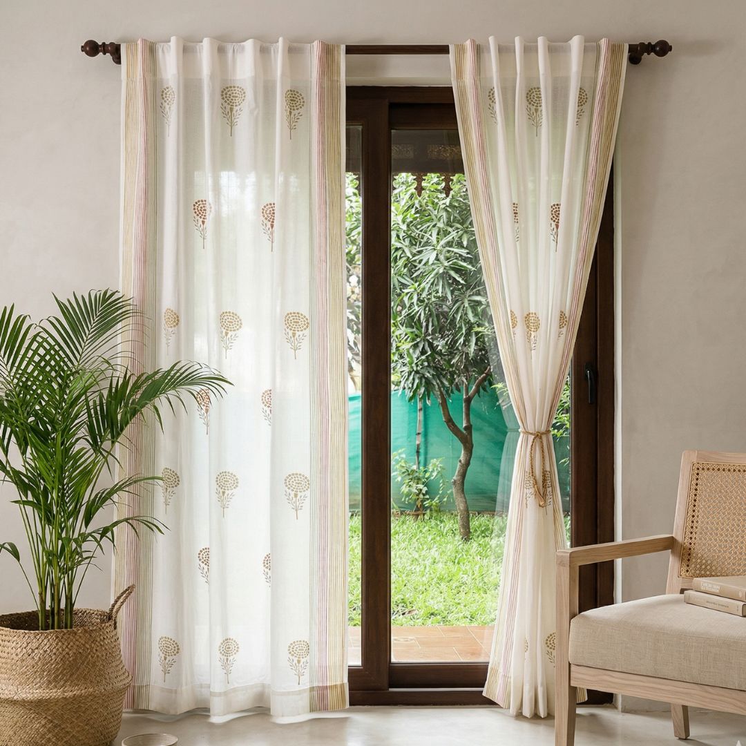 Pure Cotton Sheer Curtains in floral patterns in Rust Mustard and Taupe, available in 5ft and 7ft