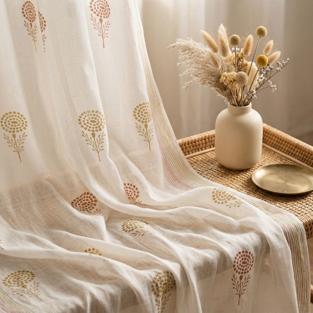 Pure Cotton Sheer Curtains in floral patterns in Rust Mustard and Taupe, available in 5ft and 7ft