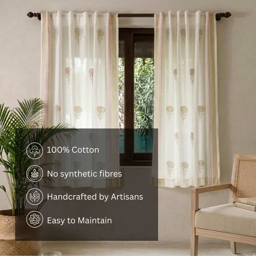 Pure Cotton Sheer Curtains in floral patterns in Rust Mustard and Taupe, available in 5ft and 7ft
