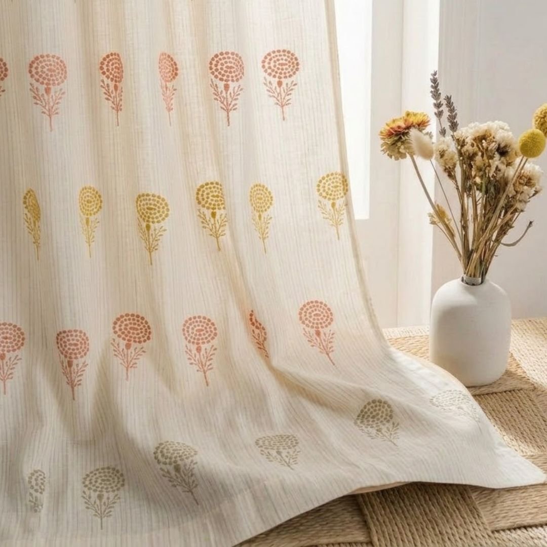 Pure Cotton Sheer and solid Curtains set in Sage, Rust, Mustard and Teal Colours, available in 5ft and 7ft