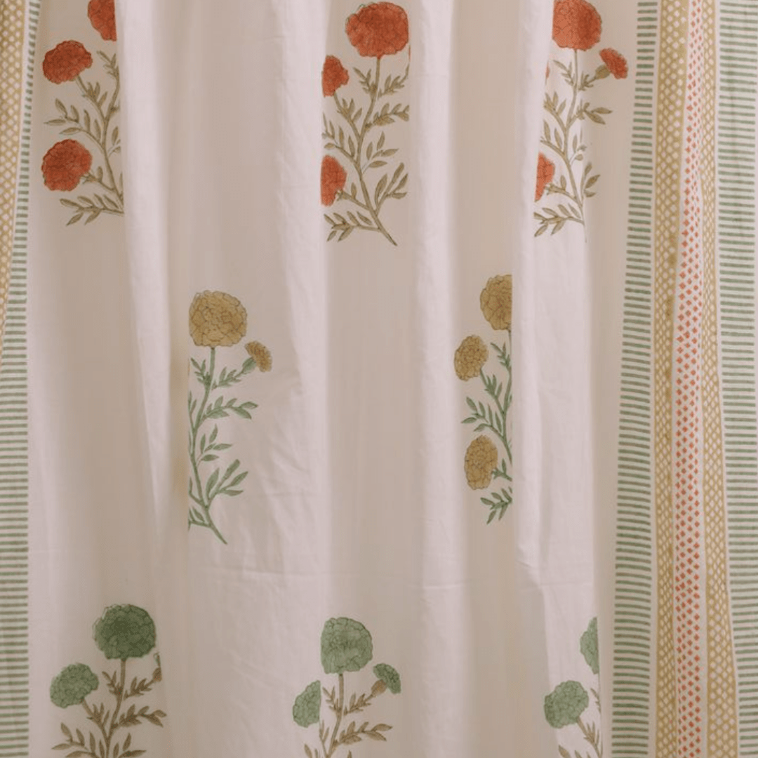 Pure Cotton Sheer Curtains in floral patterns in teal and mustard colours, available in 5ft and 7ft