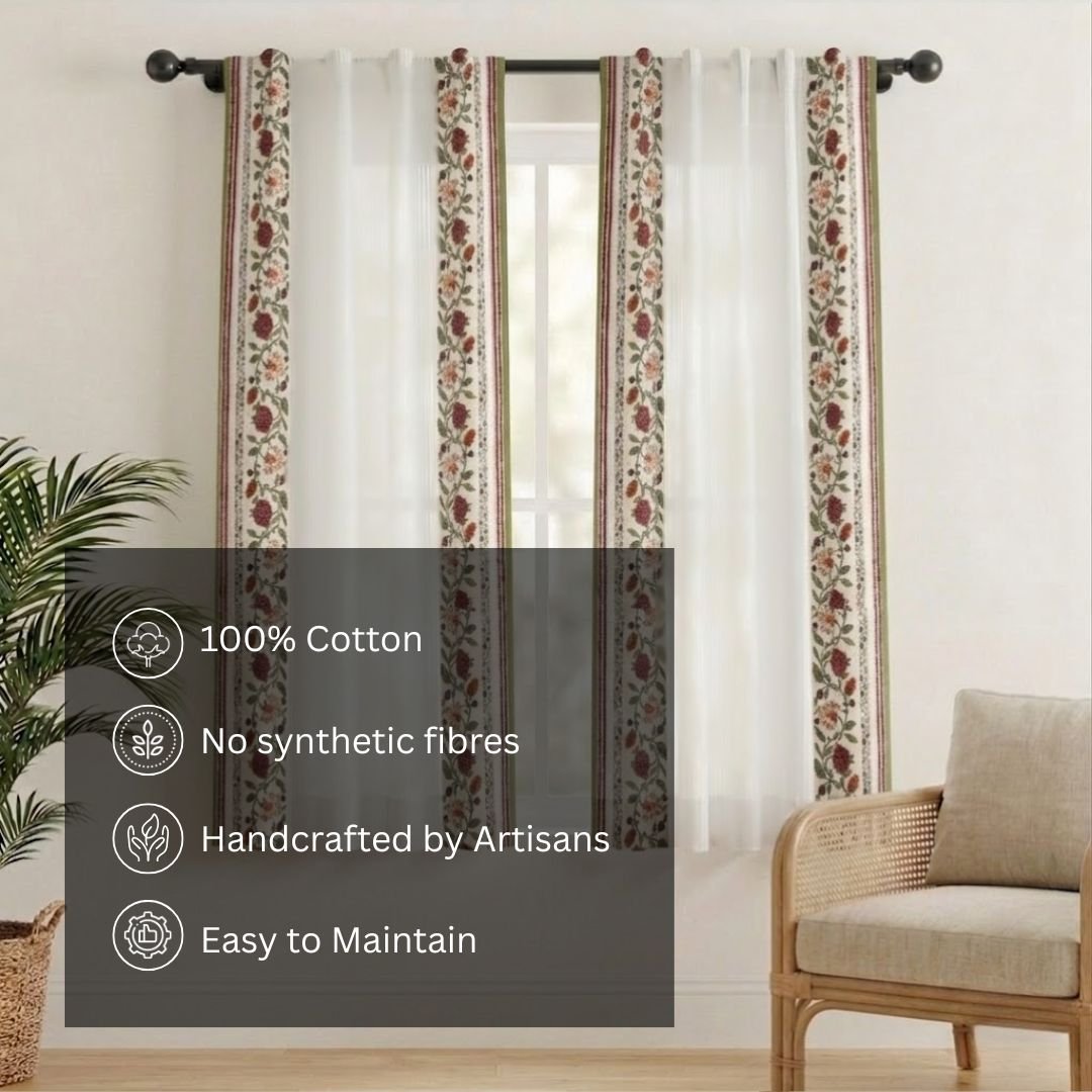Pure Cotton Sheer Curtains in floral patterns, available in 5ft and 7ft