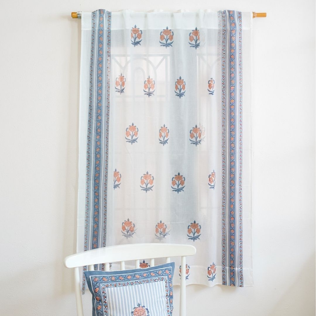Pure Cotton Sheer Curtains hand printed in blue and peach colour | Best curtains for living room
