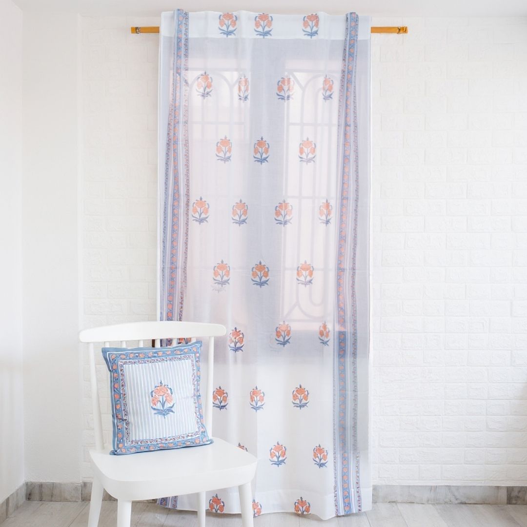 Pure Cotton Sheer Curtains hand printed in blue and peach colour | Best curtains for living room