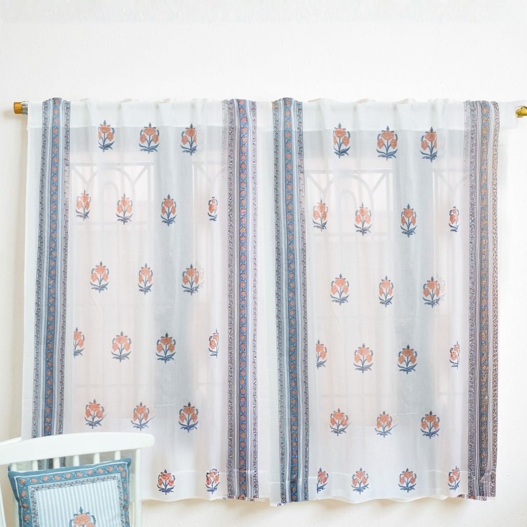 Pure Cotton Sheer Curtains hand printed in blue and peach colour | Best curtains for living room