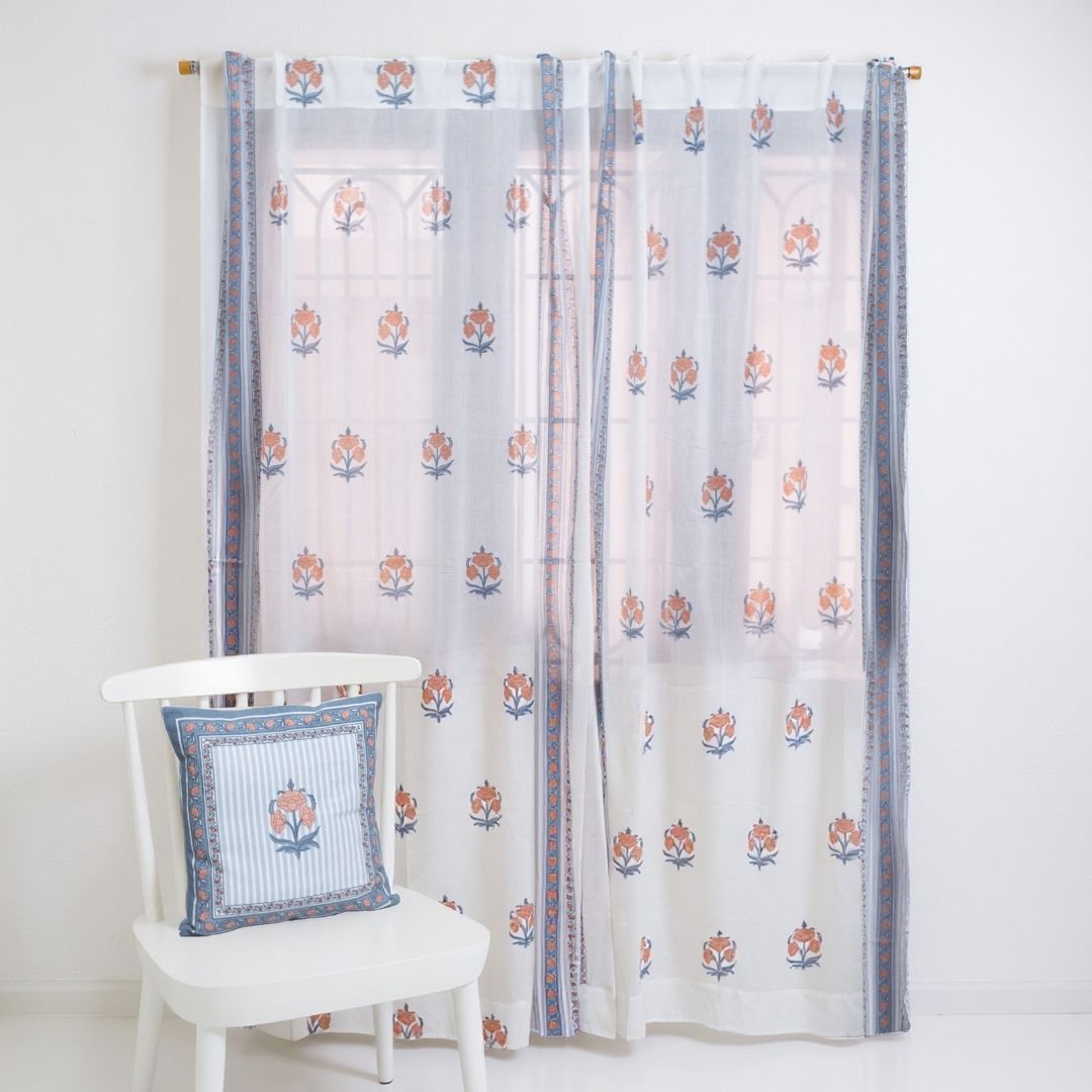 Pure Cotton Sheer Curtains hand printed in blue and peach colour | Best curtains for living room