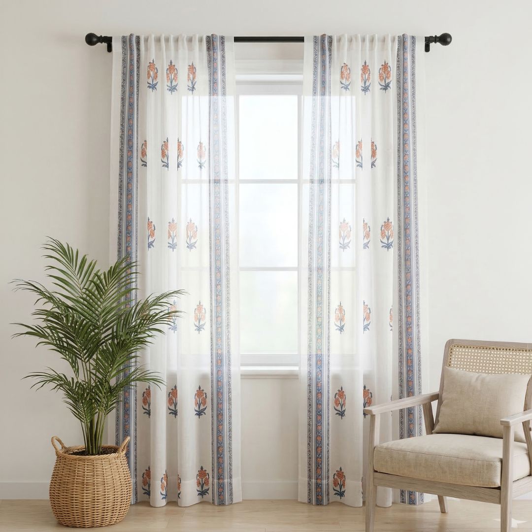 Pure Cotton Sheer Curtains hand printed in blue and peach colour | Best curtains for living room