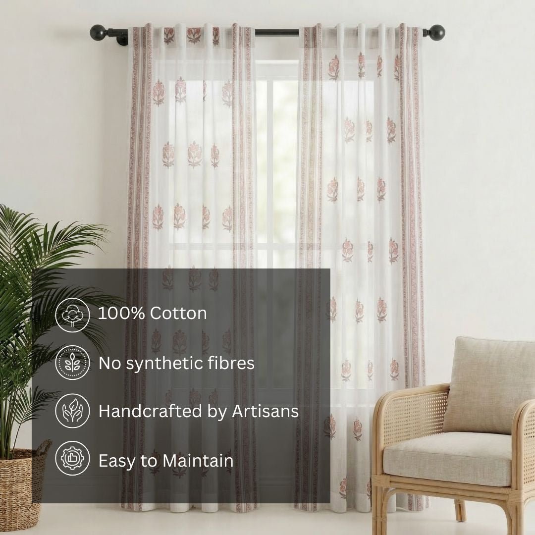 Pure Cotton Sheer Curtains Dusty Pink & Off White | Peepul Tree 5ft, 7ft and 8ft|  Available in Set of 1 and 2