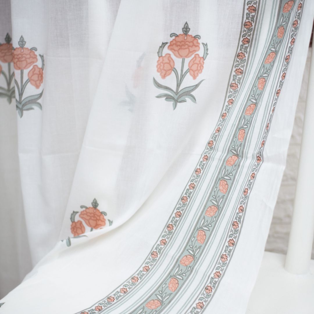 Pure Cotton Sheer Curtains hand printed in green and pink colour | Best curtains for living room
