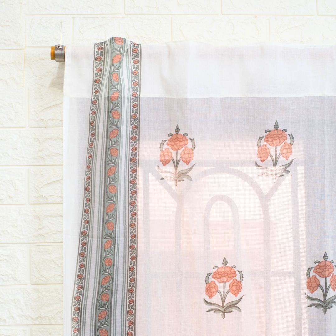 Pure Cotton Sheer Curtains hand printed in green and pink colour | Best curtains for living room