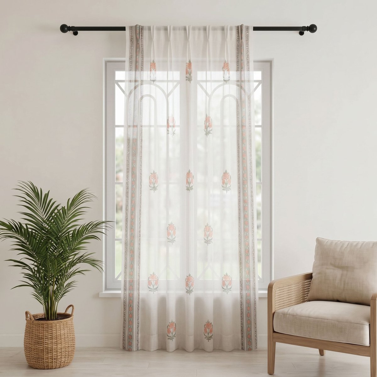 Pure Cotton Sheer Curtains hand printed in green and pink colour | Best curtains for living room